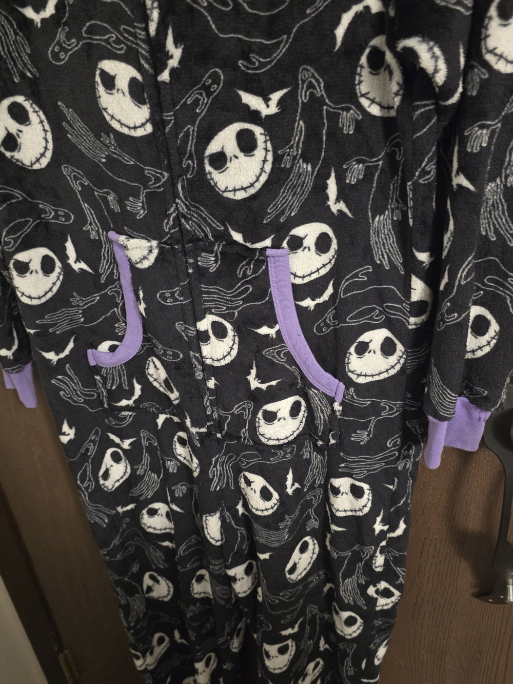 Womans Black & White Jack Skellington Hooded Pajama Set with Purple Accents - Picture 2 of 6